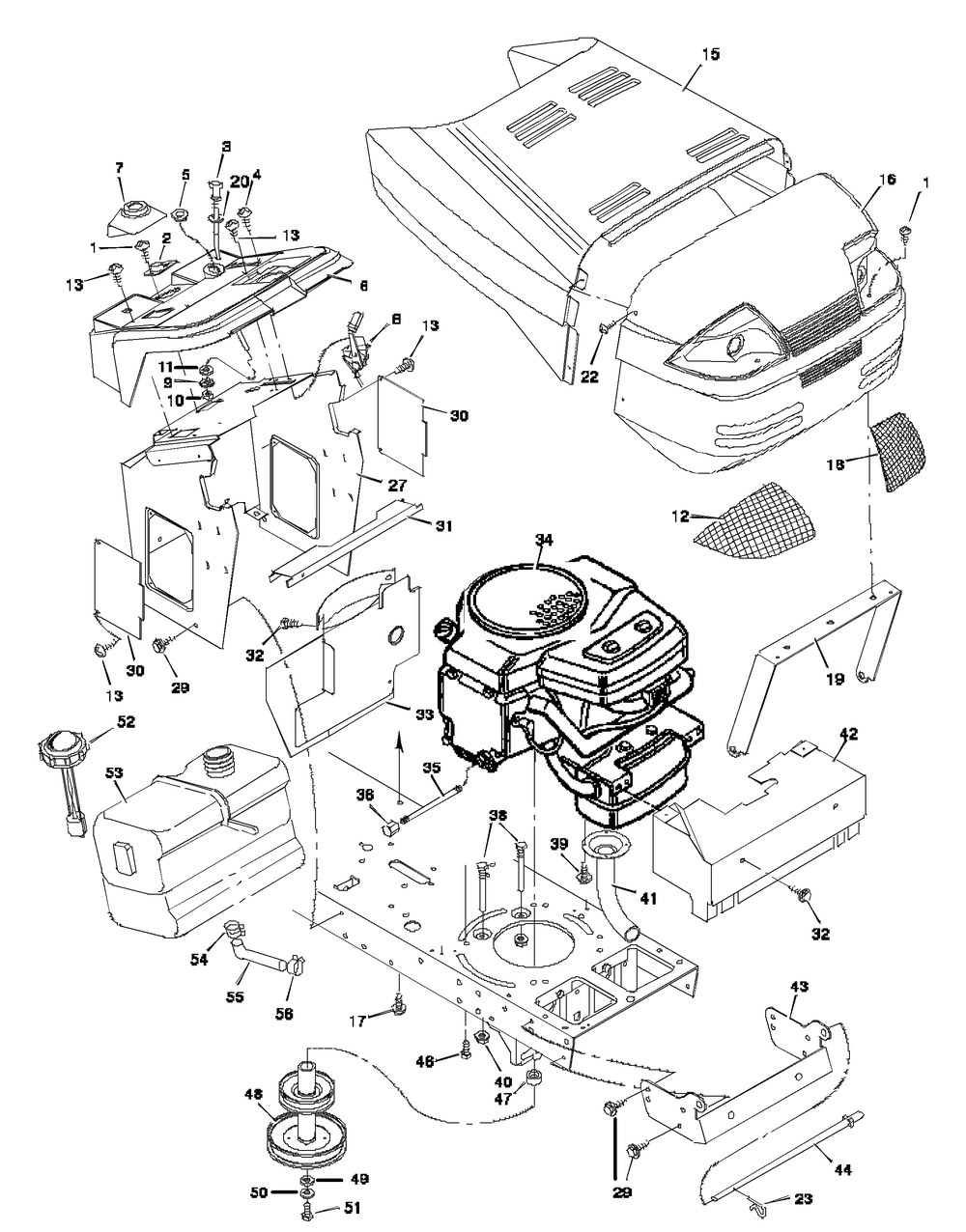 Hood And Engine Mount Diagram and Parts List for 46379A 1997 Briggs and Stratton Lawn Tractor